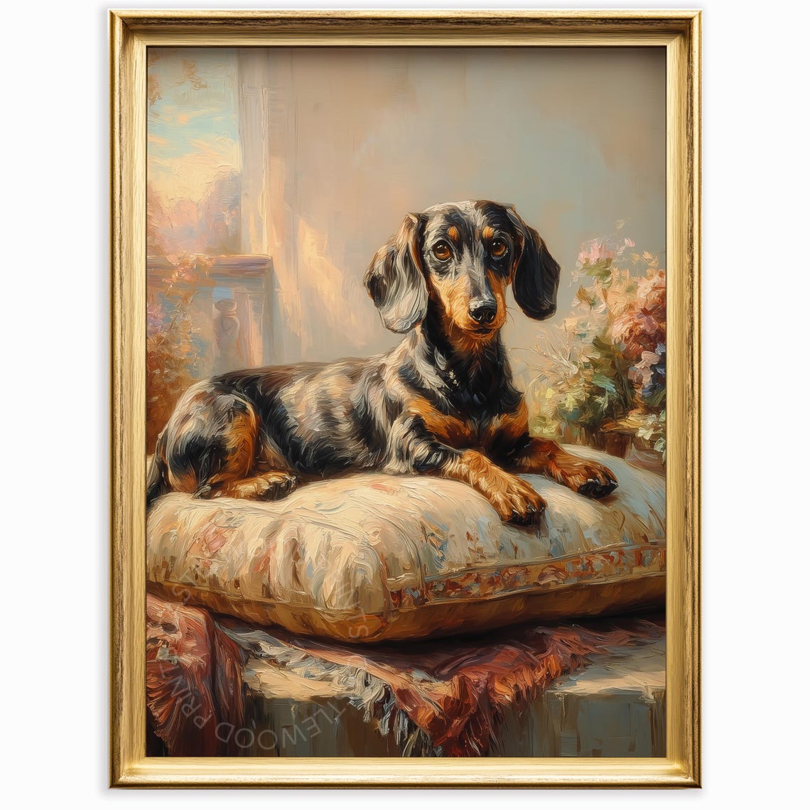 Black Tan Dachshund Oil Portrait Cushion Soft Golden Light Poster
