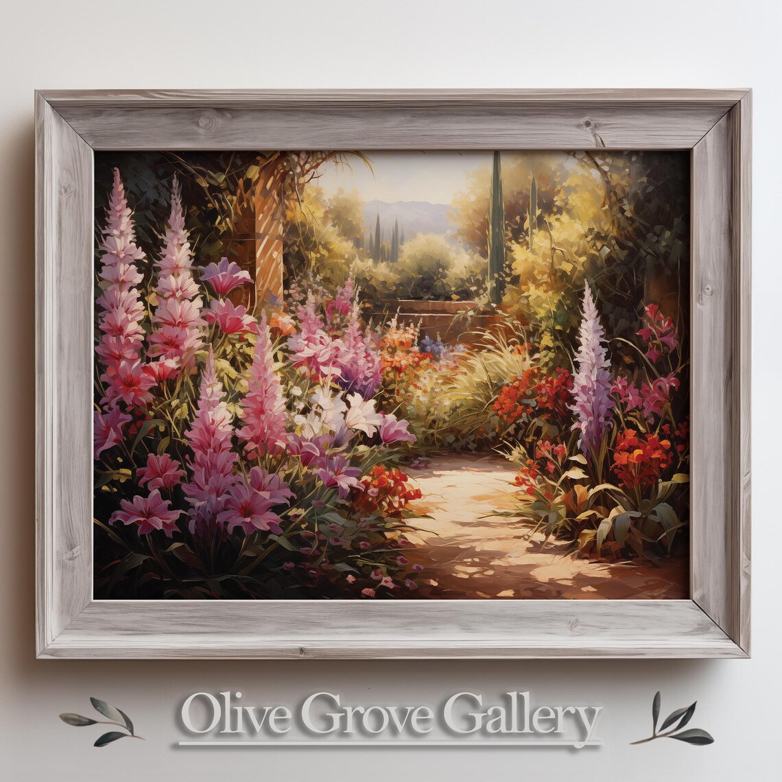 Sunlit Garden Path Tall Pink Flowers Blooming Floral Art Poster