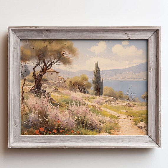 Mediterranean Coastal Villa Olive Trees Seascape Oil Painting Poster