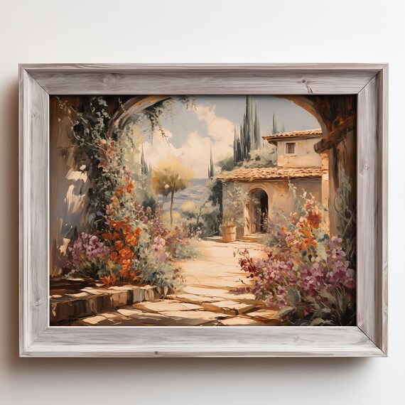 Mediterranean Villa Courtyard Stone Arch Cypress Oil Painting Poster