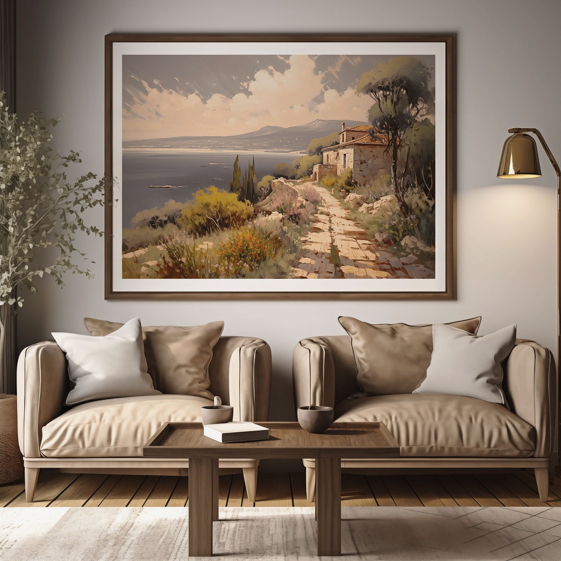 Stone Villa Seaside Sunset Painting Cypress Cliff Ocean Path Poster - Image 3