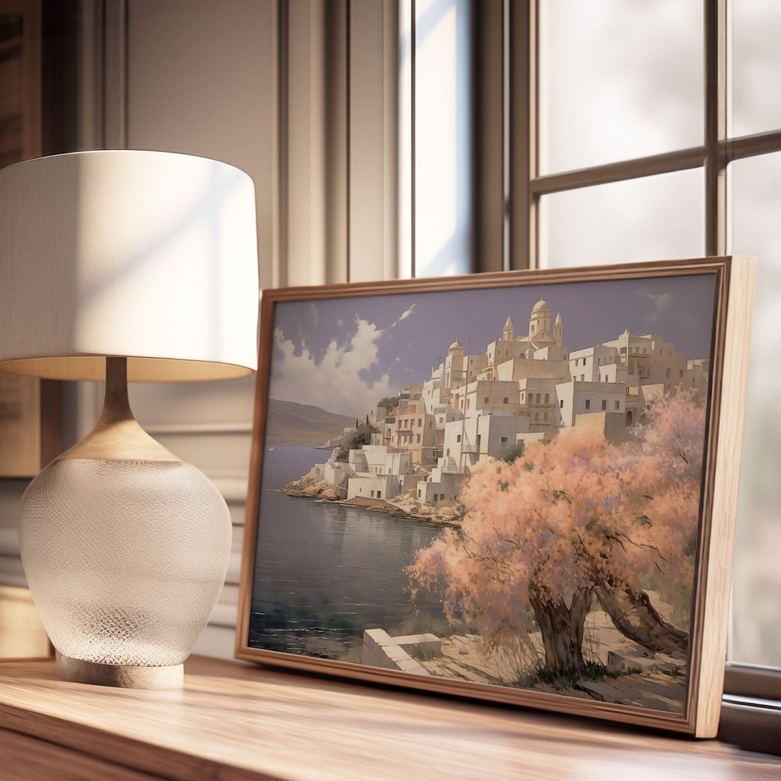 Greek Whitewashed Hilltop Village Church Dome Harbor View Poster - Image 3