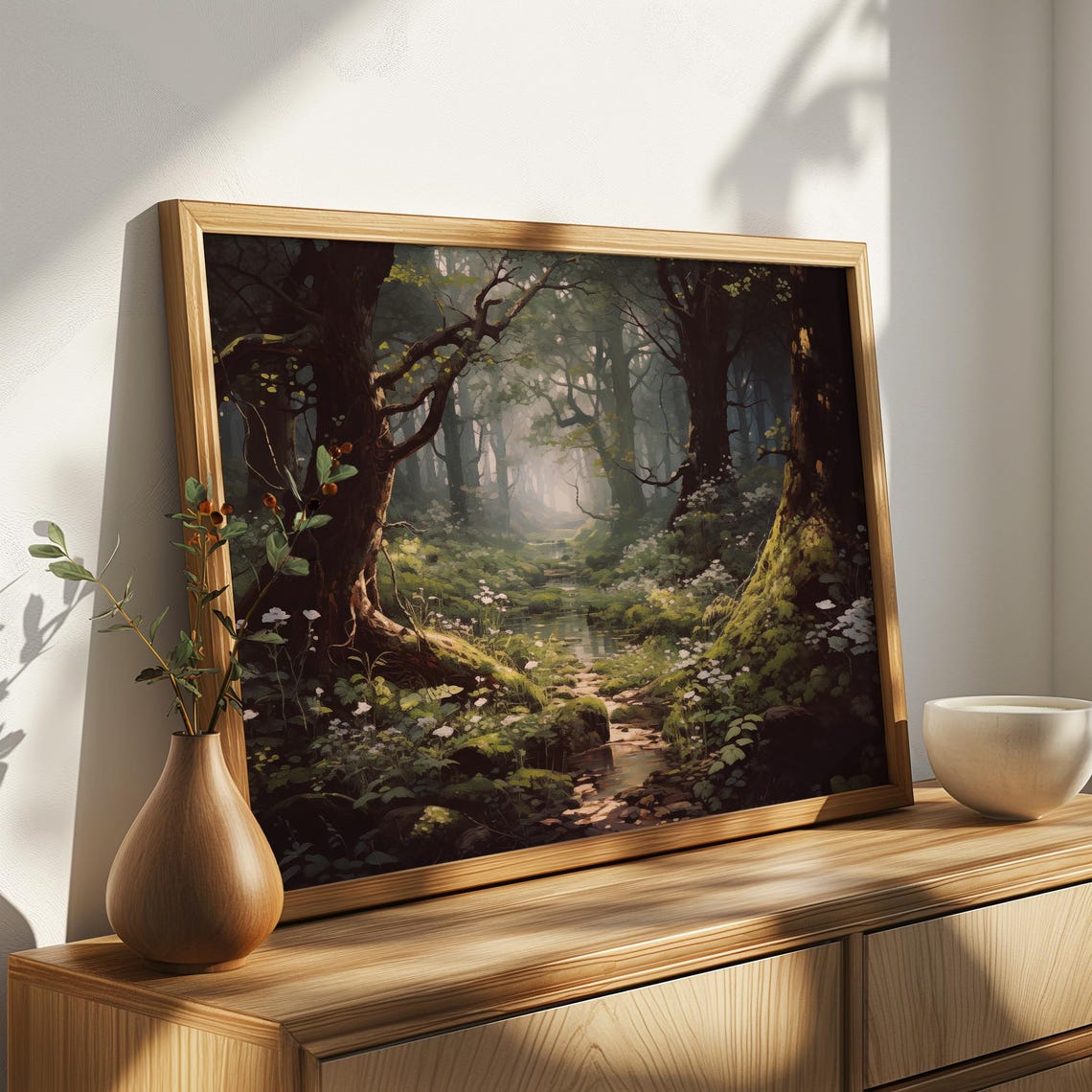 Enchanted Misty Forest Stream With Moss And Wildflowers Vintage Print - Image 4