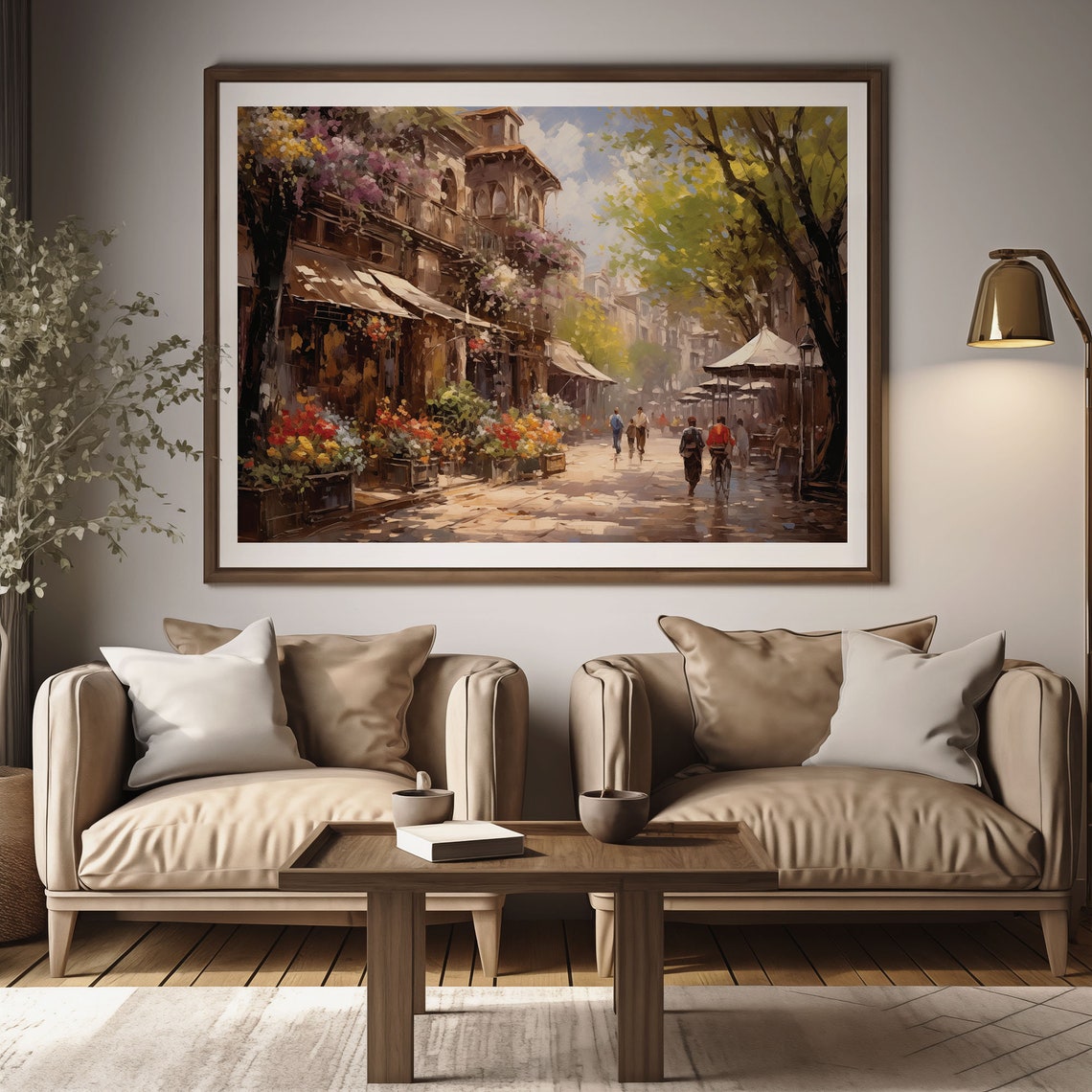 Flower Lined European Street With Shops And Cafes Vintage City Poster - Image 2