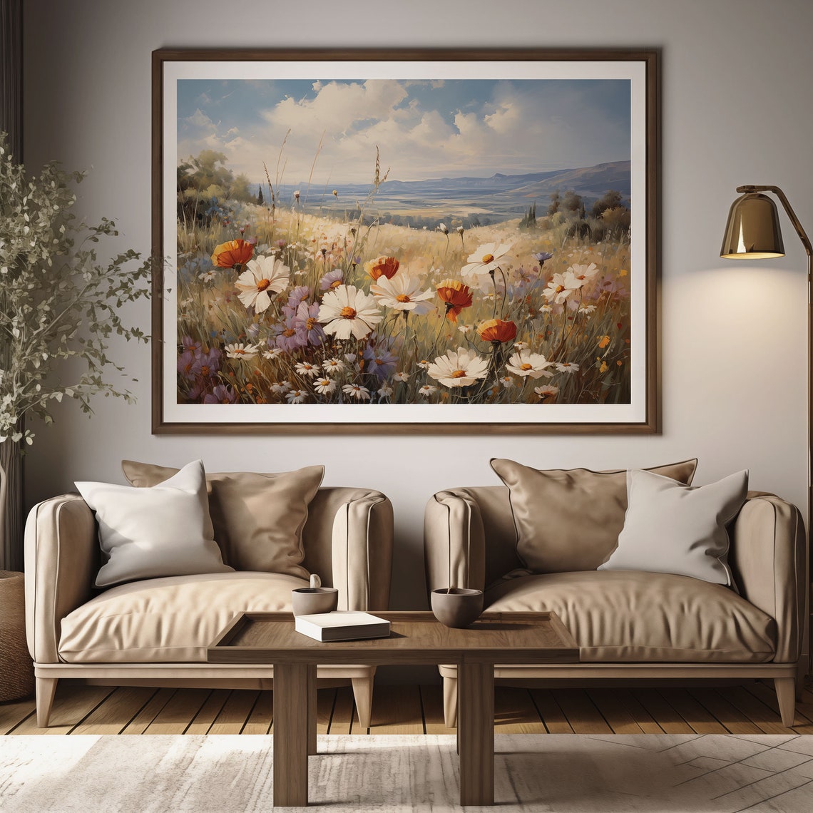 White Daisy Orange Poppy Wildflower Meadow Hills Oil Painting Poster - Image 2