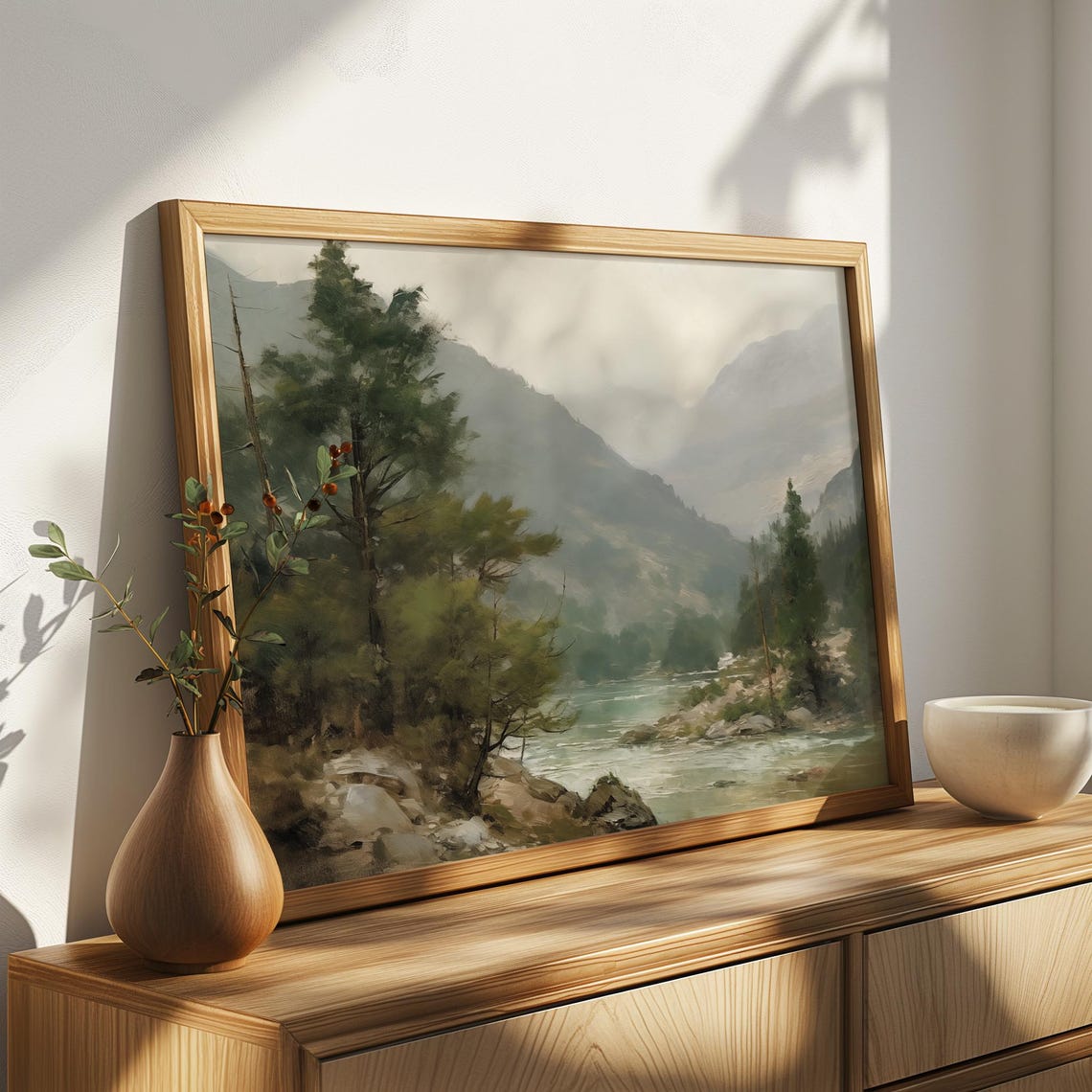 Misty Mountain River Painting Pine Forest Cloudy Peak Water Poster - Image 4
