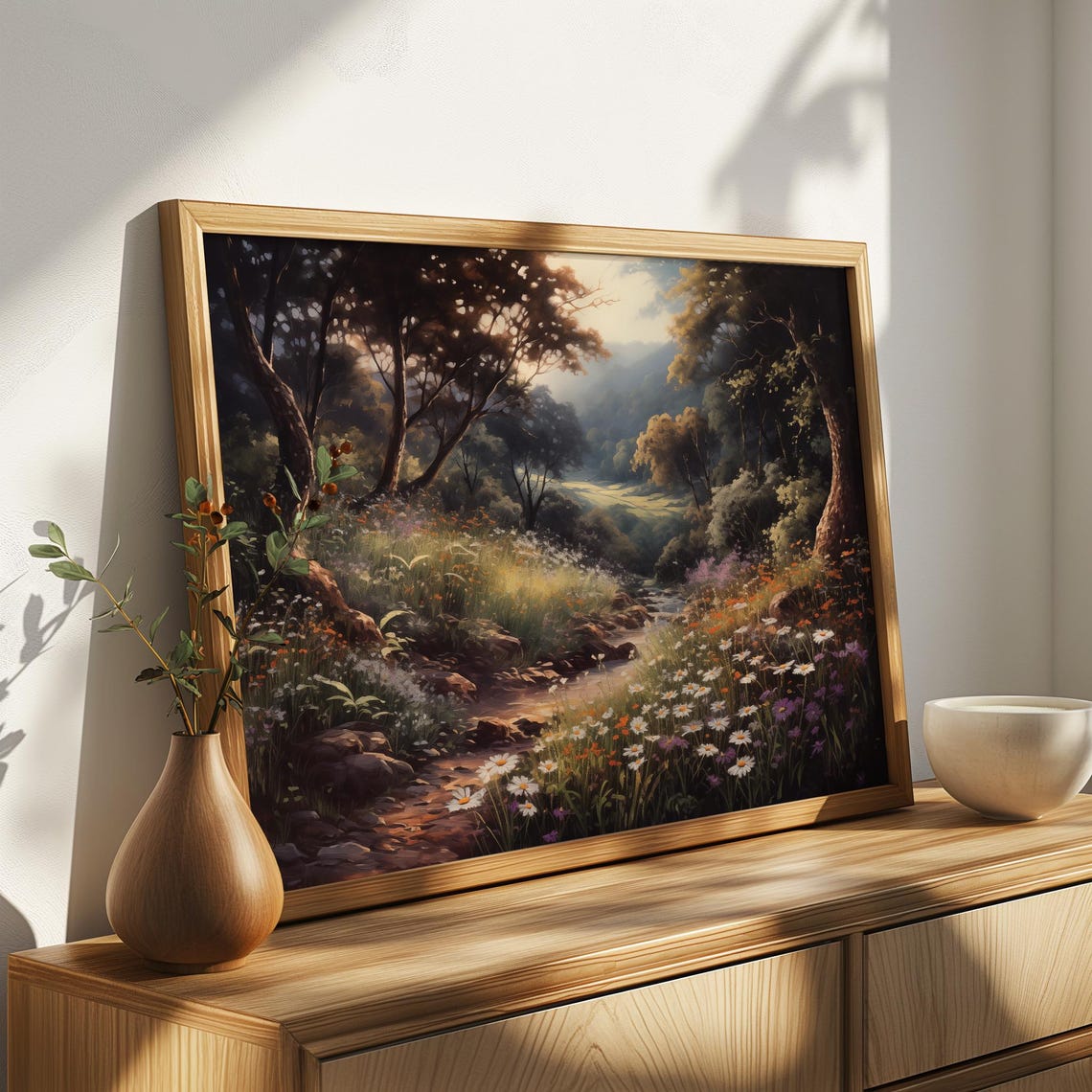 Mystical Forest Clearing Wild Daisies By A Stream Vintage Wall Art - Image 4