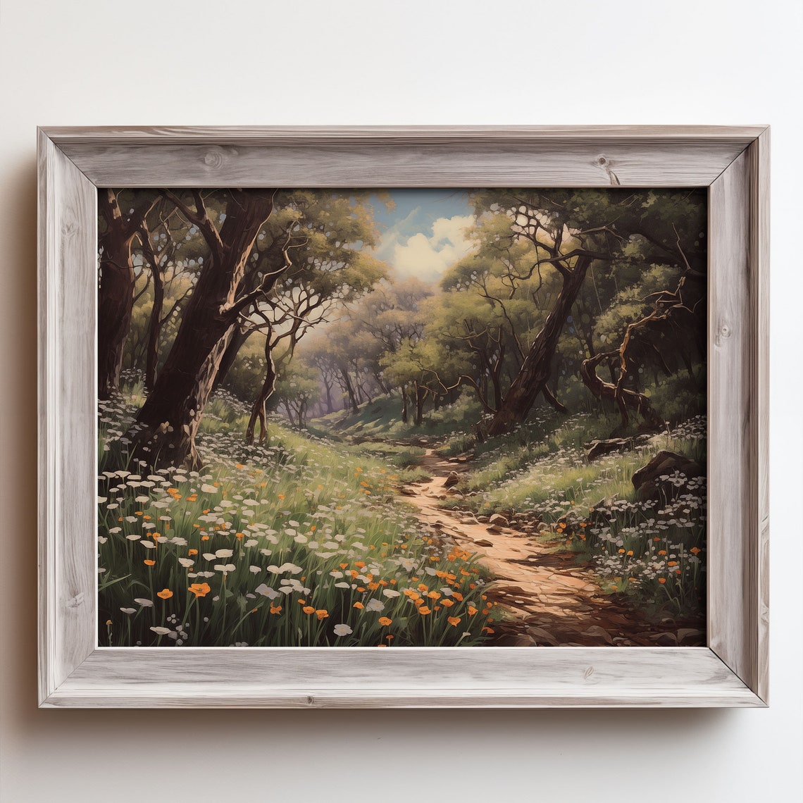 Woodland Path Through Flowering Oaks Daisies Vintage Forest Print