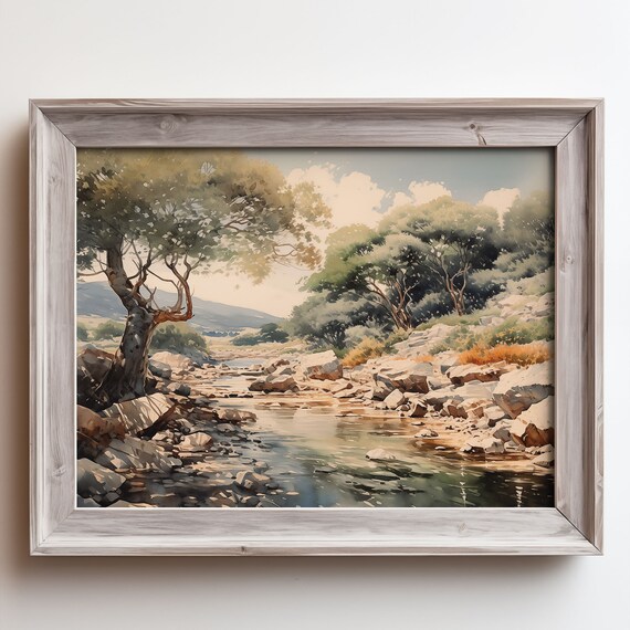 Rocky Mountain Stream in Sunlit Woodland Oil Painting Poster