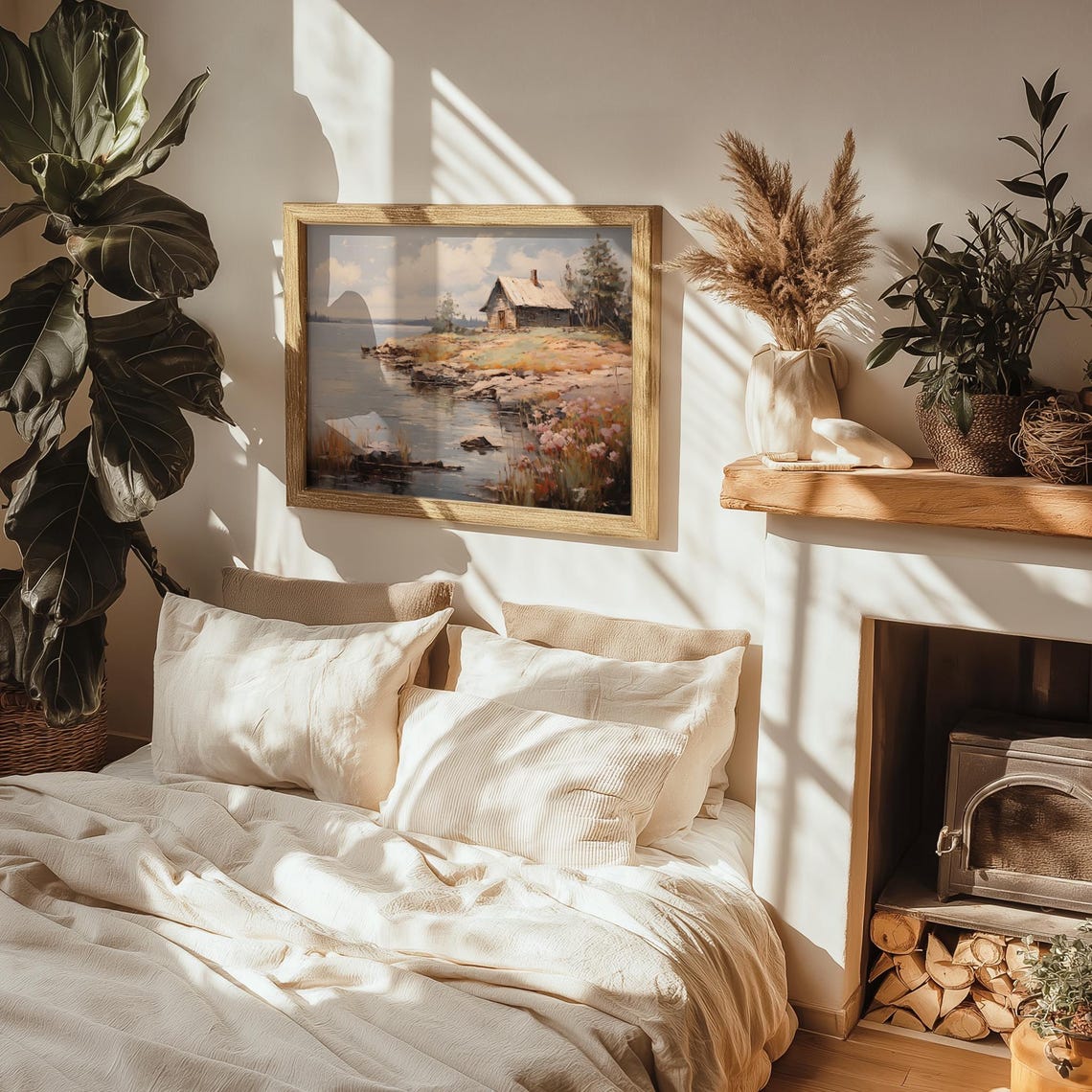 Rustic Lakeside Cabin On A Rocky Shore With Wildflowers Vintage Poster - Image 2