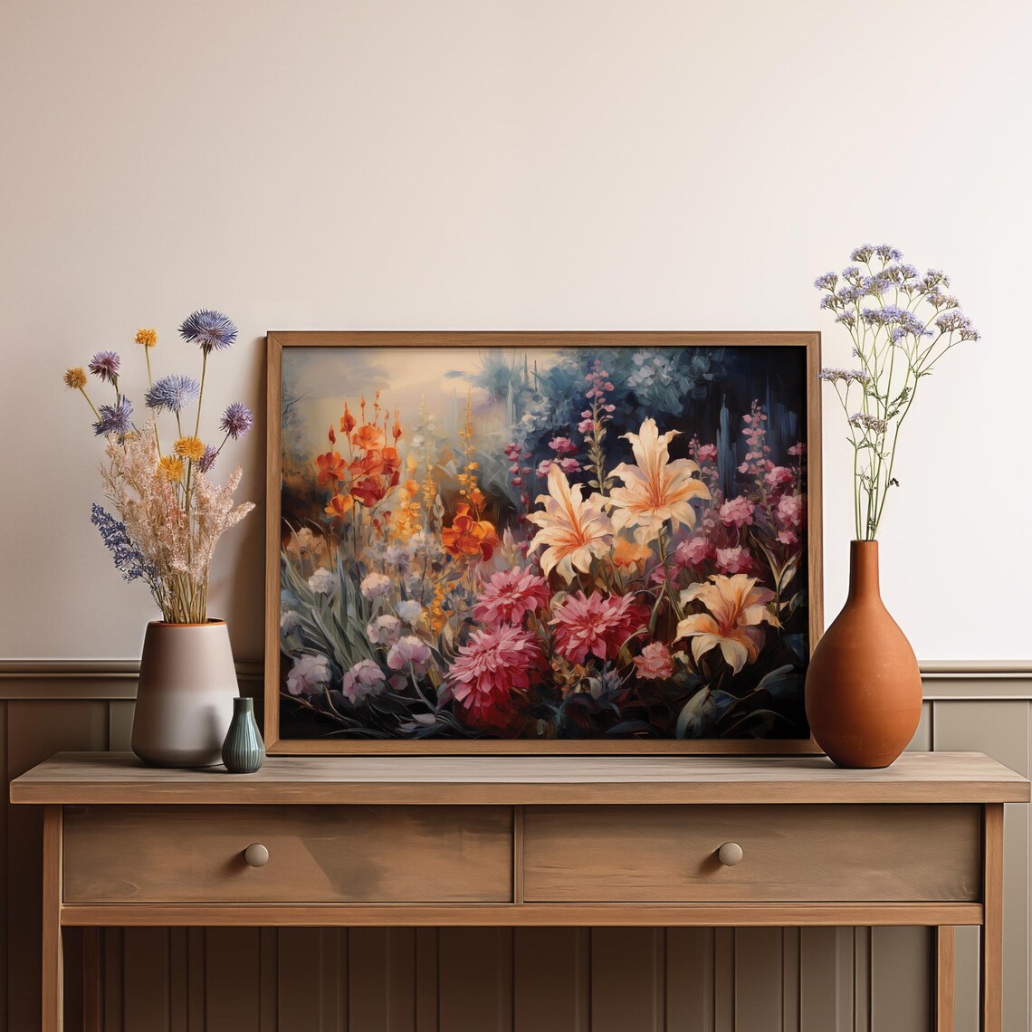 Lush Garden Flower Painting Lilies Dahlias Dark Botanical Art Poster - Image 3