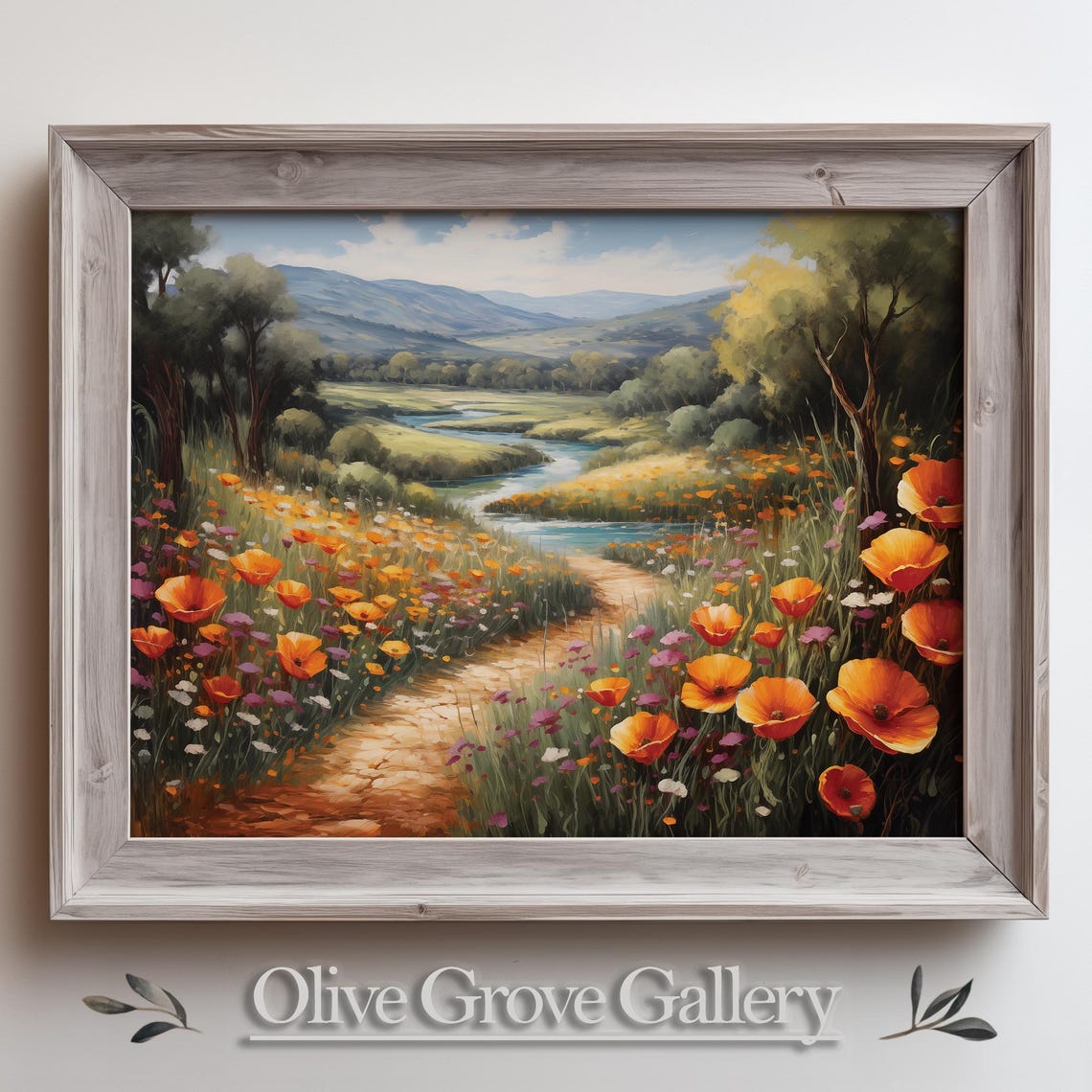 Orange Poppy River Path Peaceful Valley Landscape Art Poster