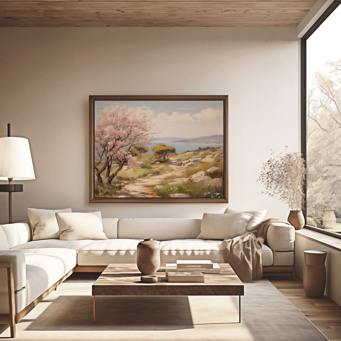 Pink Blossom Tree on Rocky Trail Above the Bay Oil Painting Poster - Image 4