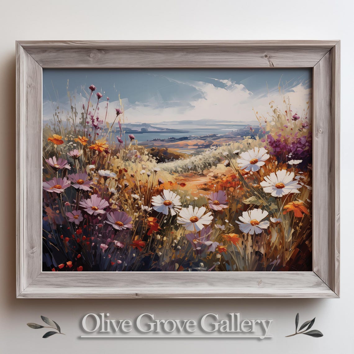 White Daisy Wildflower Meadow Lake View Vintage Oil Painting Poster
