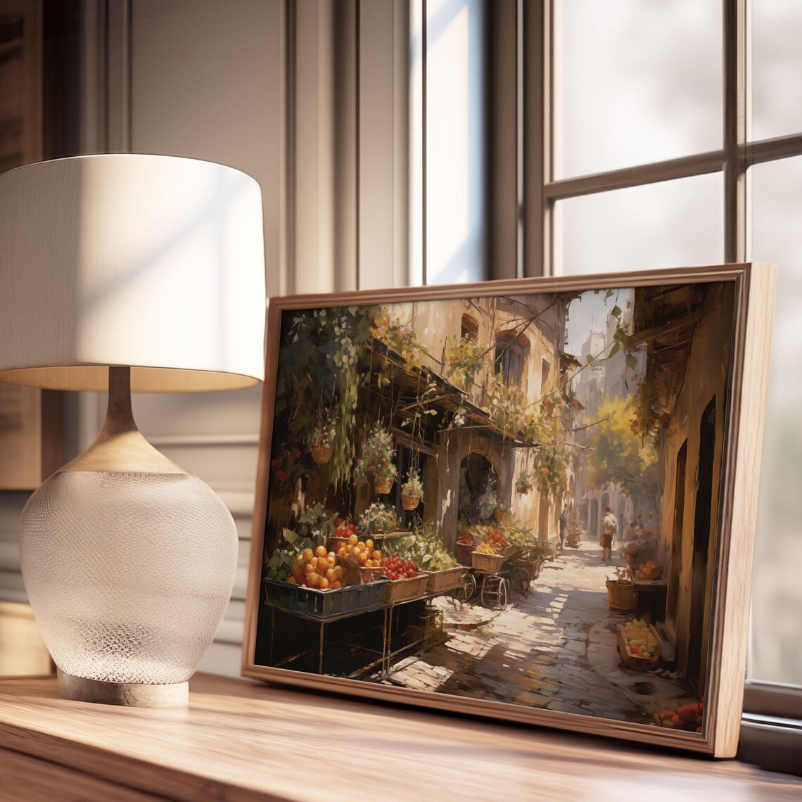 Italian Village Fruit Market Alley Sunlit Cobblestone Oil Painting Poster - Image 3