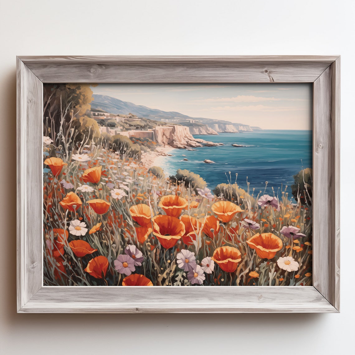 Orange Poppies On Coastal Cliffs Overlooking A Blue Sea Vintage Poster