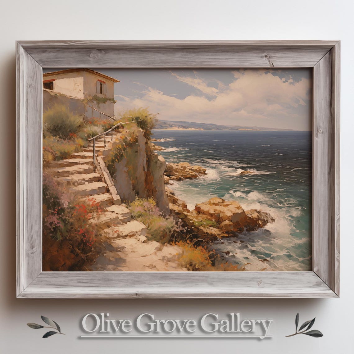 Cliffside Cottage With Stone Steps To Rocky Shore Blue Sea Poster