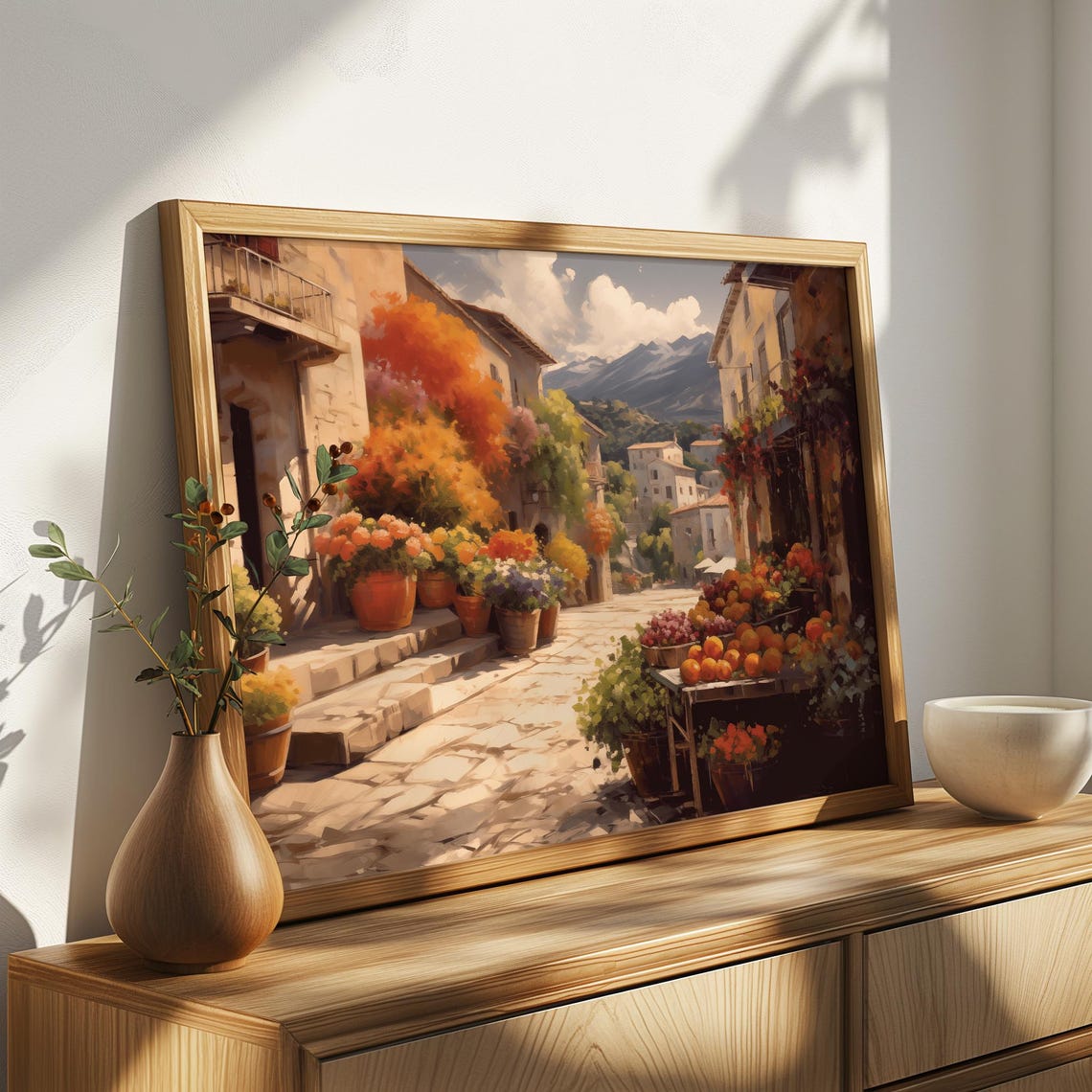 Mediterranean Market Street Flower Pots Fruit Stand Mountains Poster - Image 3