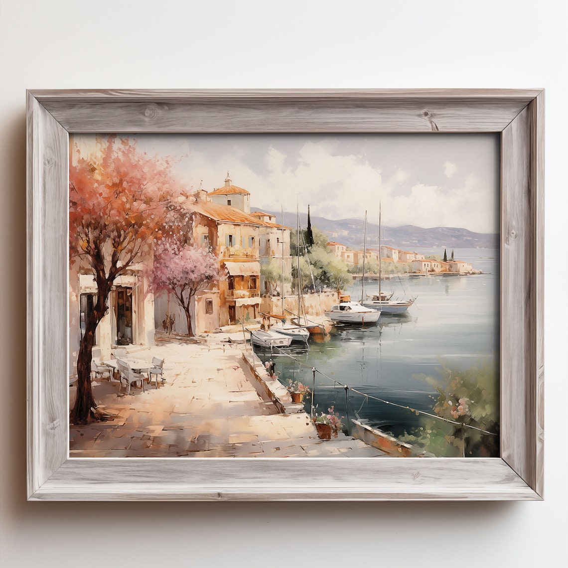 Seaside Harbor Village Sailboats Blooming Trees Waterfront Poster