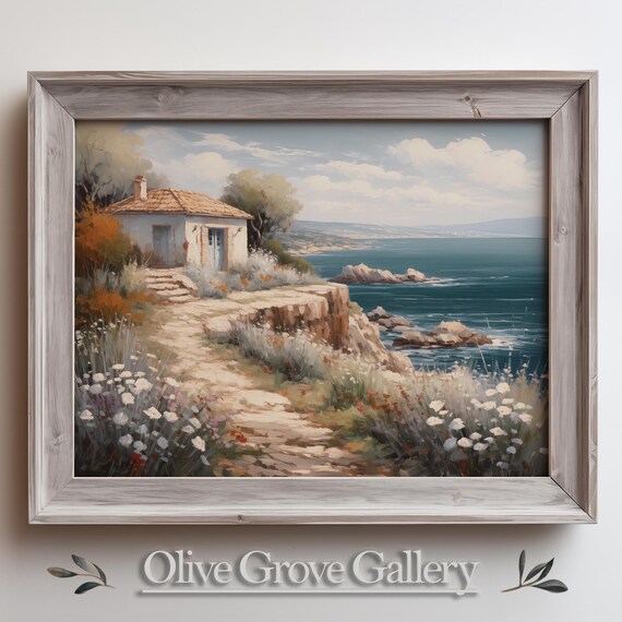 Whitewashed Coastal Cottage Cliff Stone Path Sea Oil Painting Poster