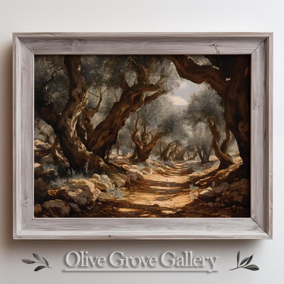 Serene Olive Grove Path Mediterranean Nature Wall Art Rustic Landscape Painting Peaceful Outdoor Decor Vintage Landscape Oil Painting