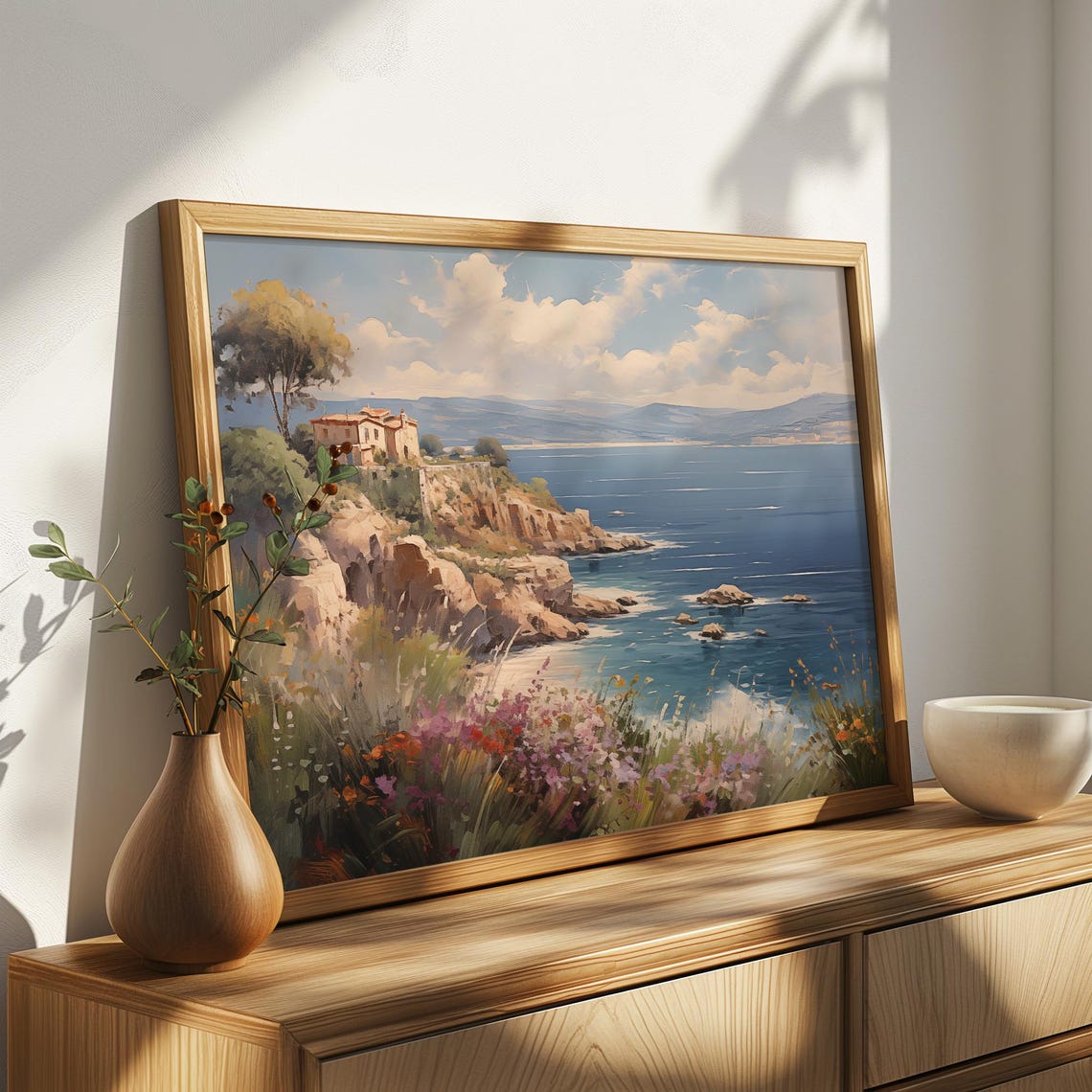 Clifftop Villa with Wildflowers Over Blue Sea Oil Painting Poster - Image 4