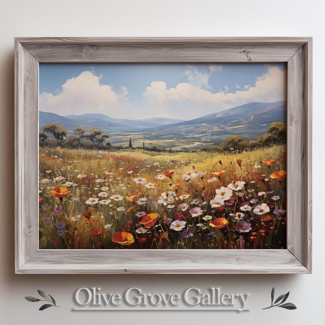 Wildflower Meadow Poppies Daisies Valley Hills Oil Painting Poster
