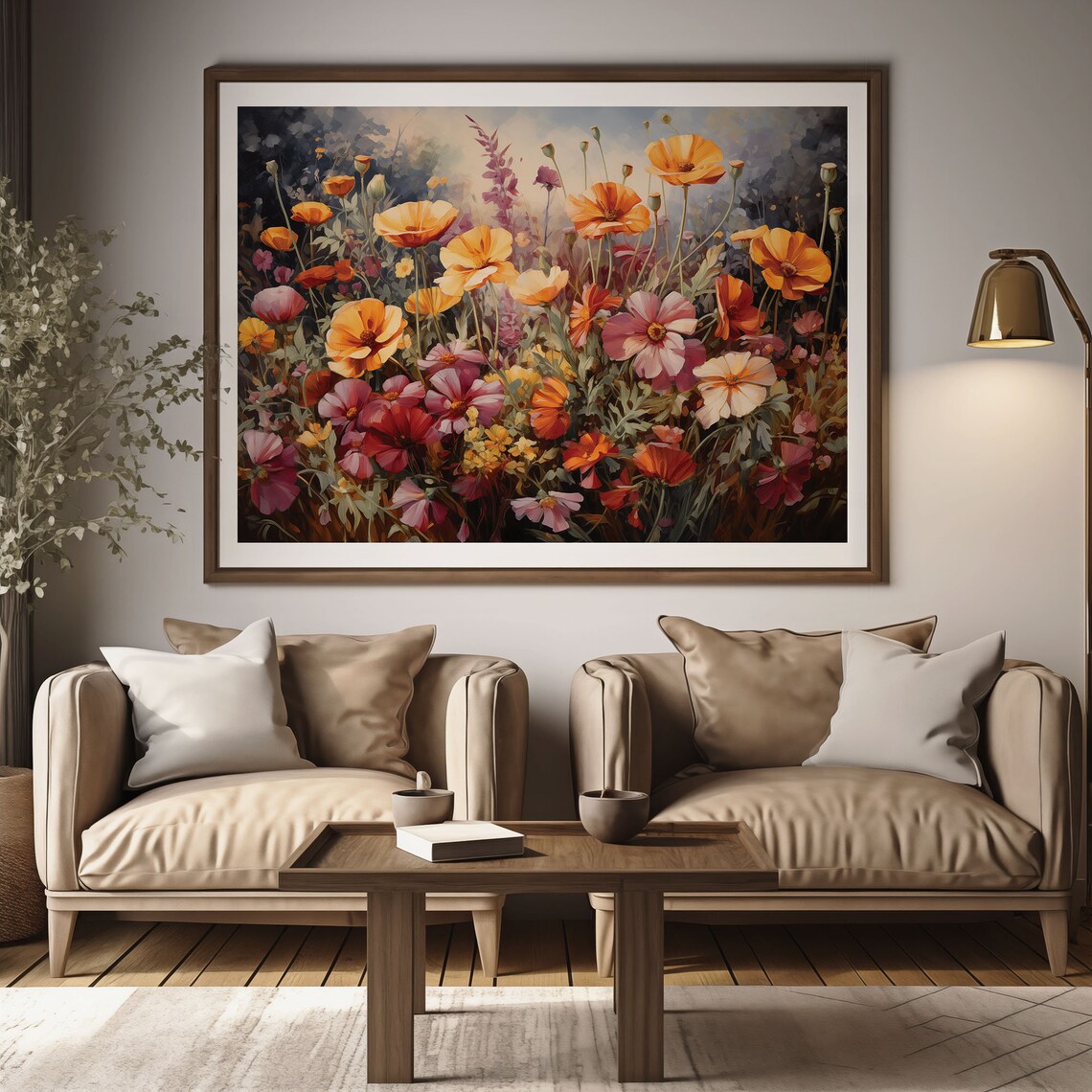 Orange Poppy Pink Cosmos Flower Close Up Oil Painting Poster - Image 2