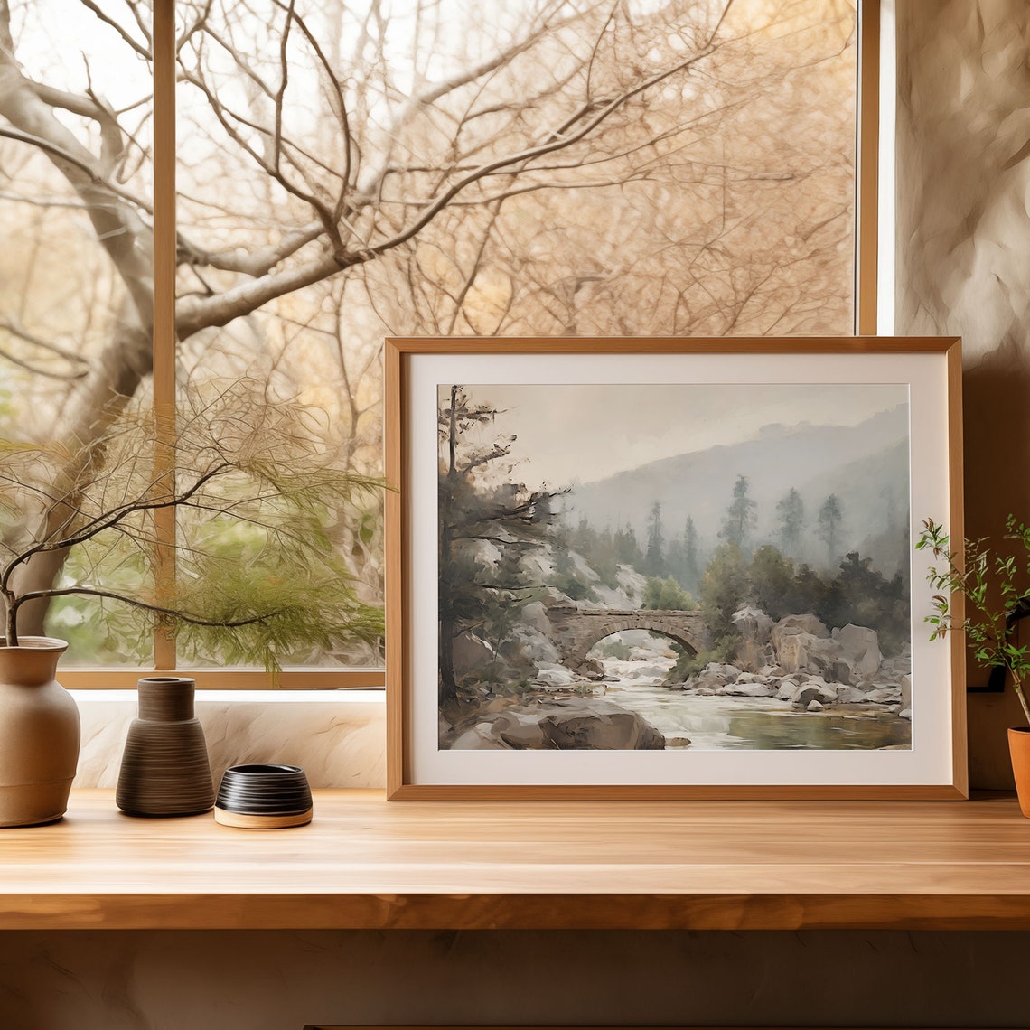 Misty Mountain River with Old Stone Bridge Oil Painting Poster - Image 4