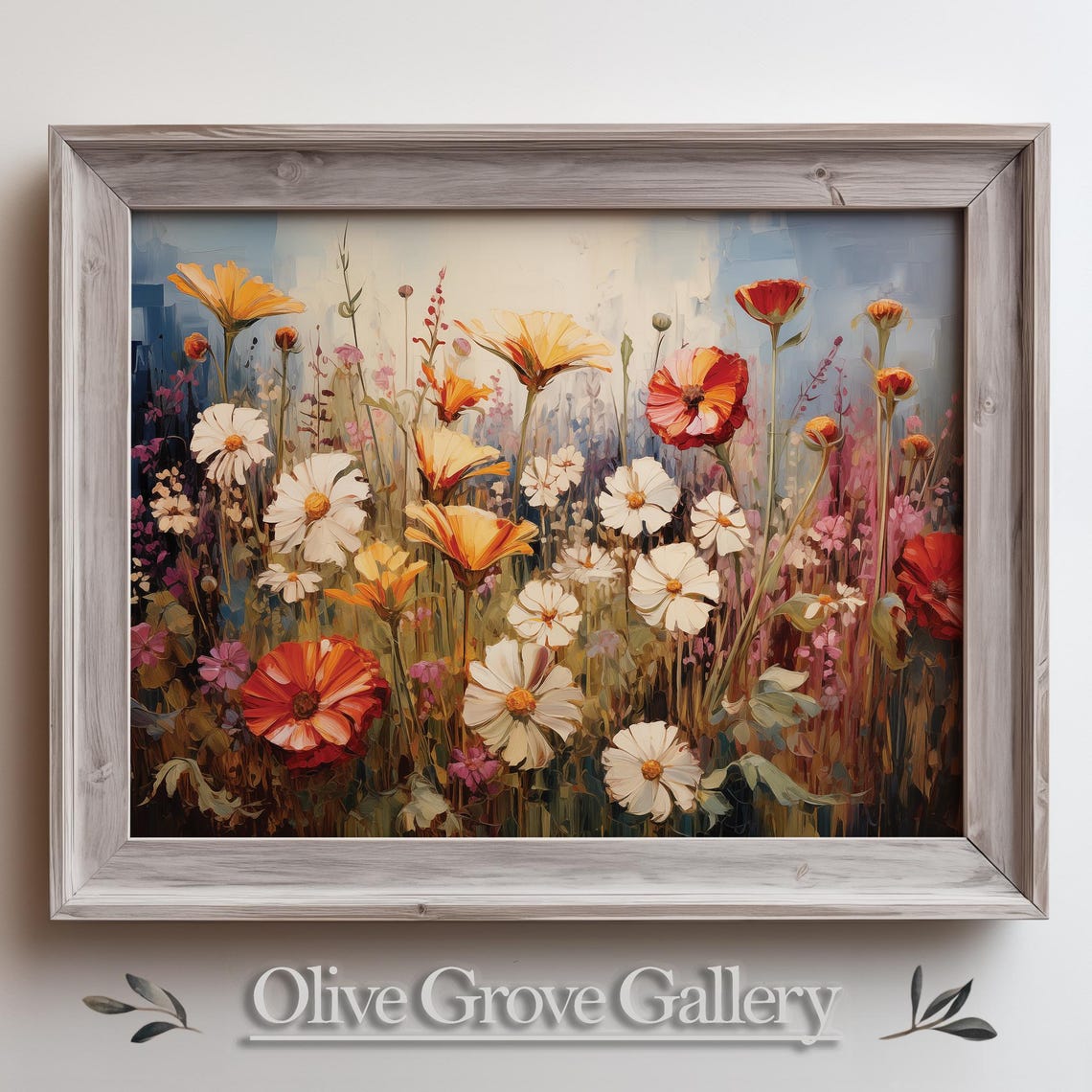 Wildflower Field White Daisies Yellow Blossoms Sky Oil Painting Poster