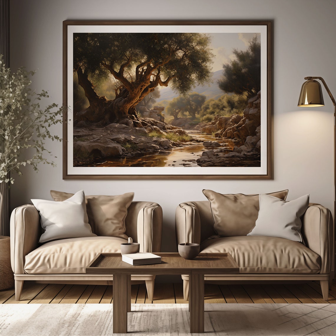 Ancient Olive Tree By Stream At Golden Hour Rustic Oil Painting Poster - Image 2