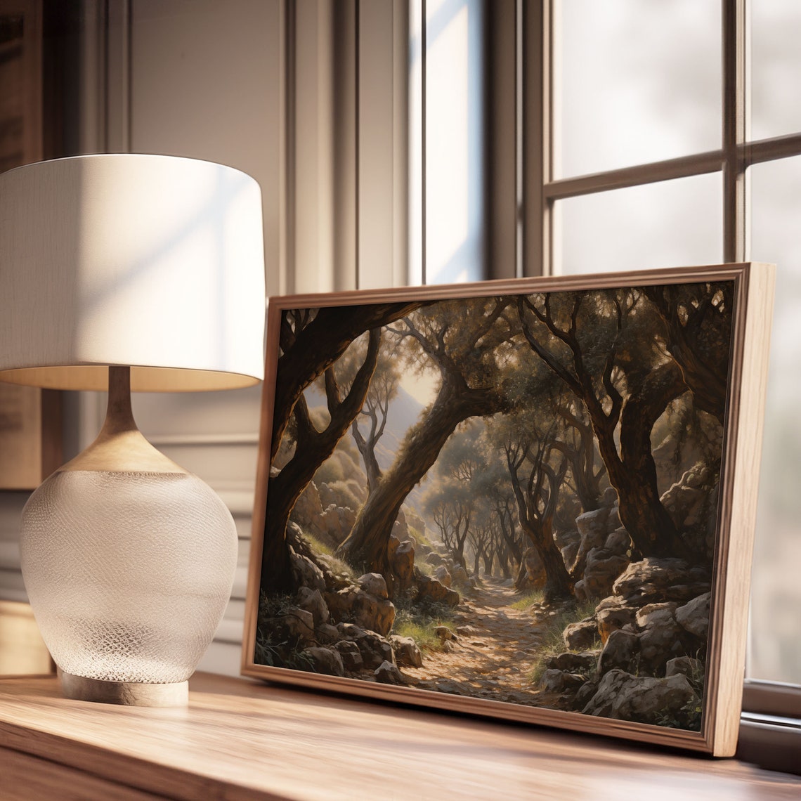 Ancient Twisted Oak Trees Sunlit Rocky Path Oil Painting Poster - Image 3