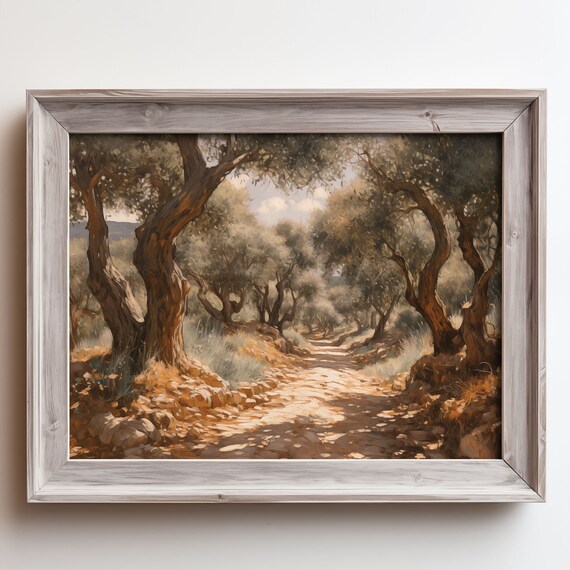 Ancient Olive Trees On A Sunlit Grove Path Golden Vintage Print