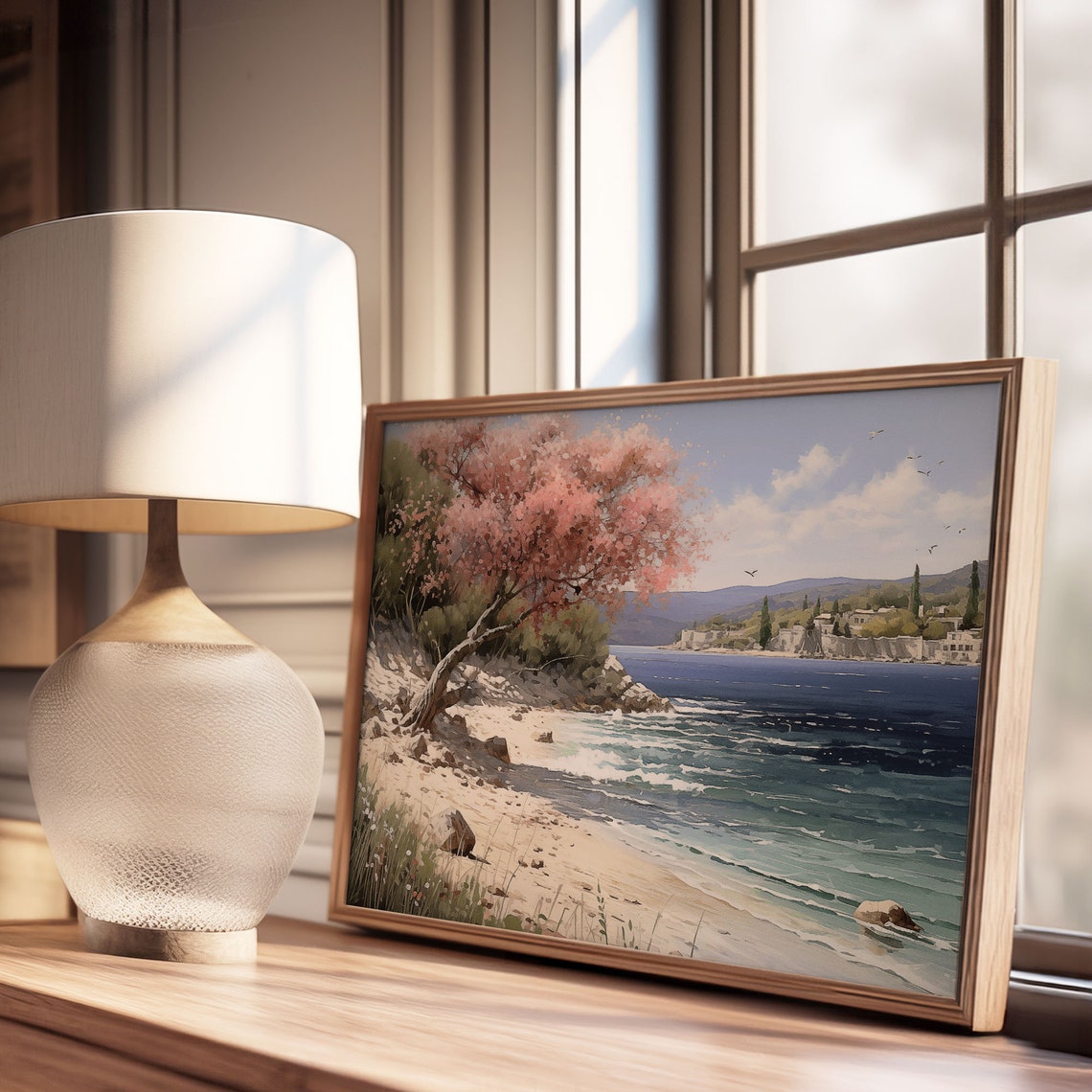 Pink Blossom Tree on Sandy Beach with Turquoise Sea Waves Poster - Image 3