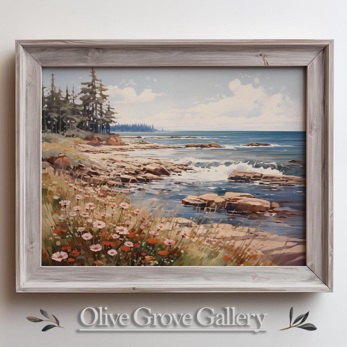 Rocky Coastal Shoreline Pine Trees Wildflower Oil Painting Poster