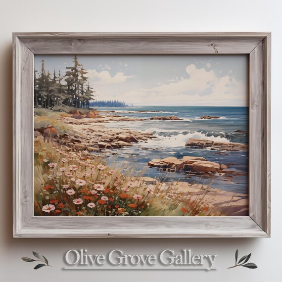 Rocky Coastal Shoreline Pine Trees Wildflower Oil Painting Poster