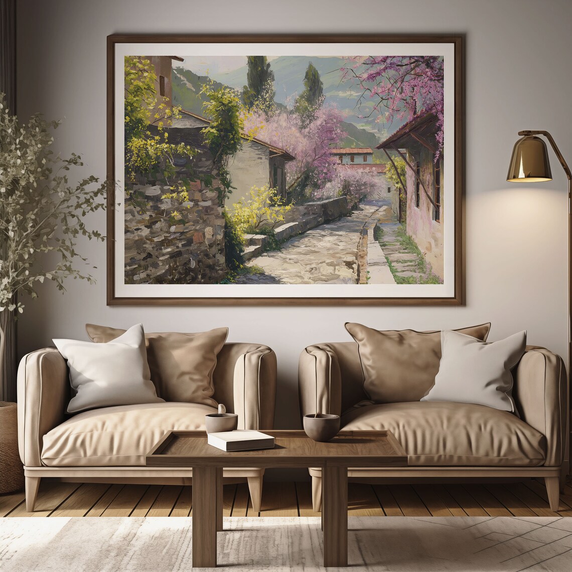 Spring Blossom Lane with Stone Cottages Oil Painting Style Poster - Image 3