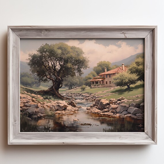 Riverside Farmhouse with Olive Tree and Rocky Creek Oil Painting Poster