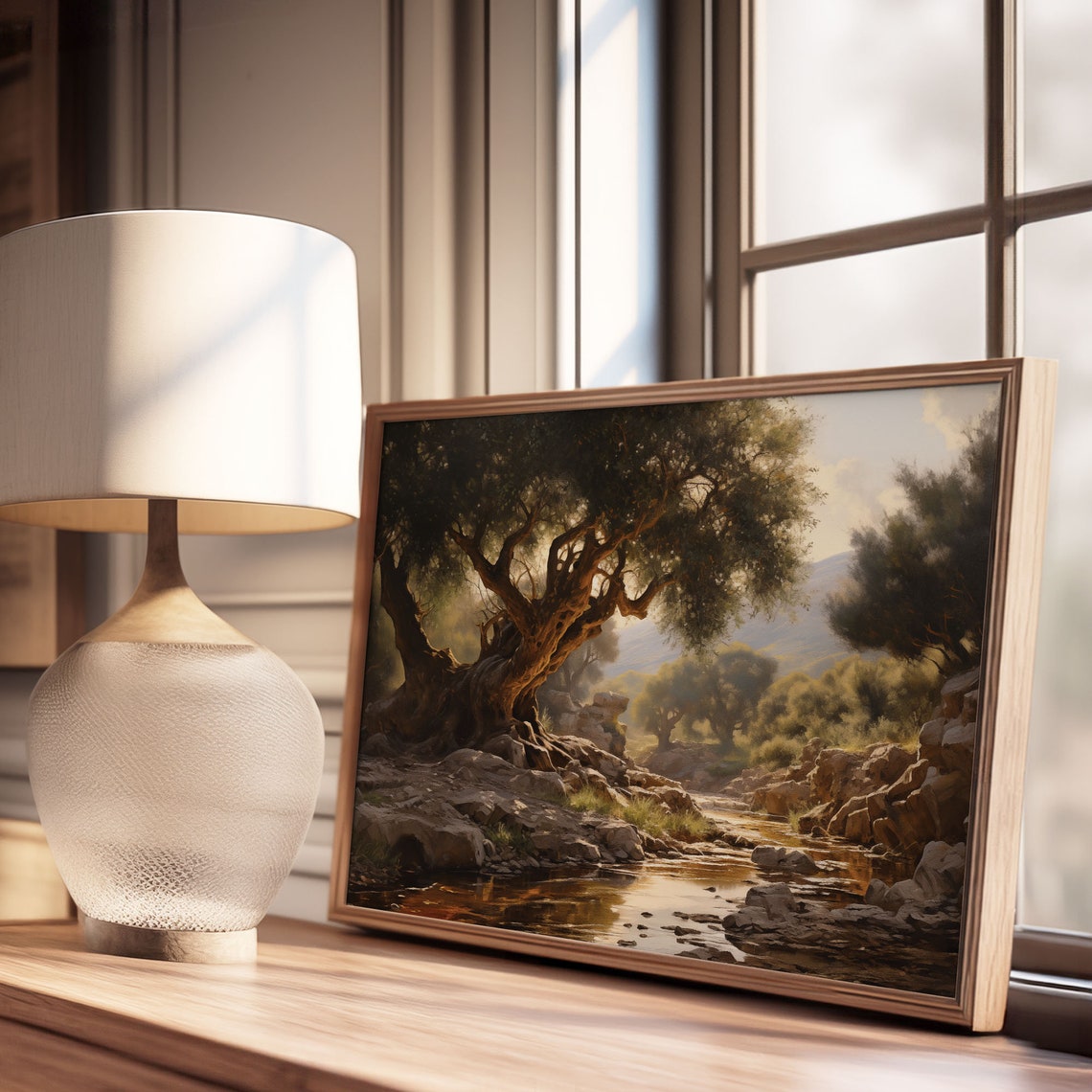 Ancient Olive Tree By Stream At Golden Hour Rustic Oil Painting Poster - Image 3