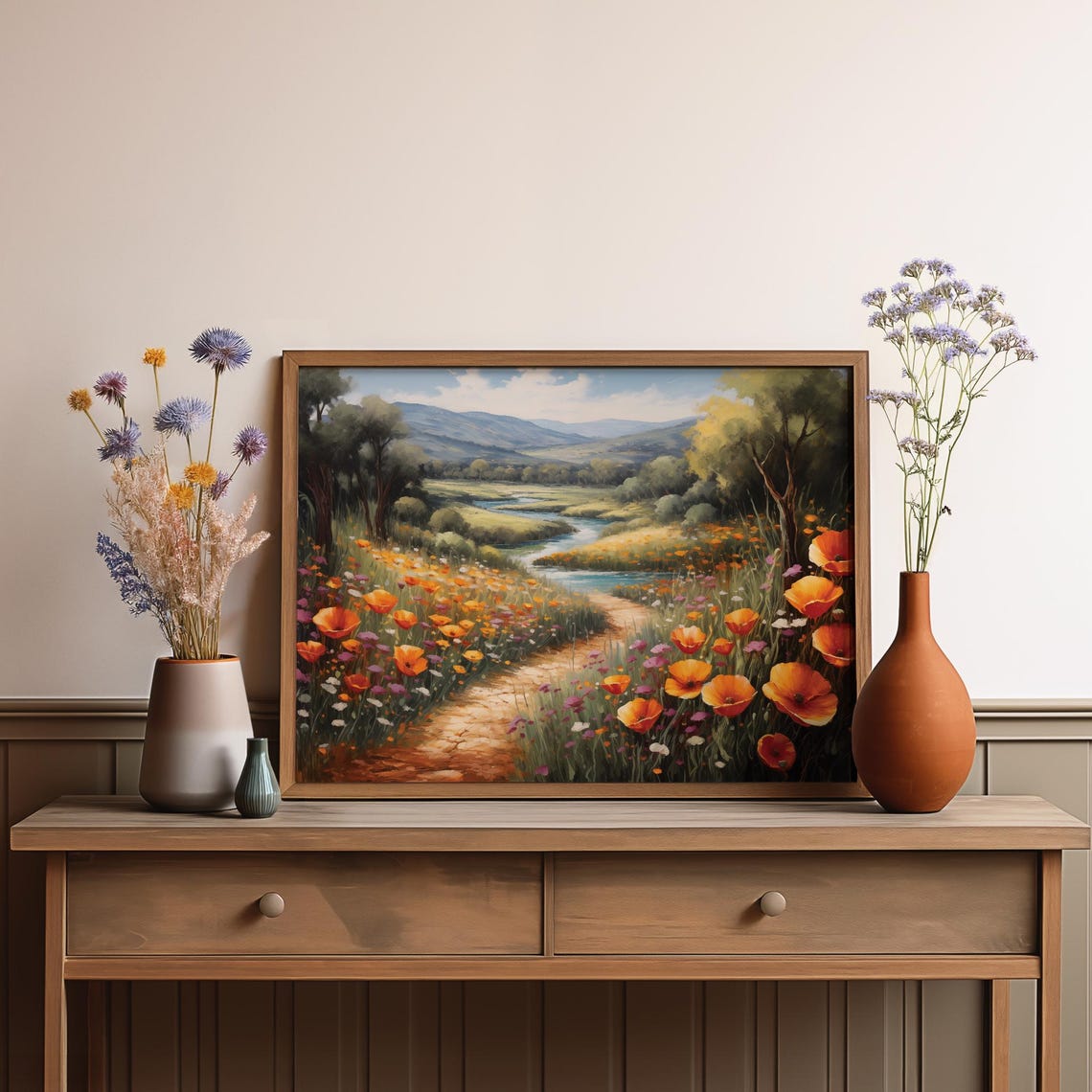 Orange Poppy River Path Peaceful Valley Landscape Art Poster - Image 3