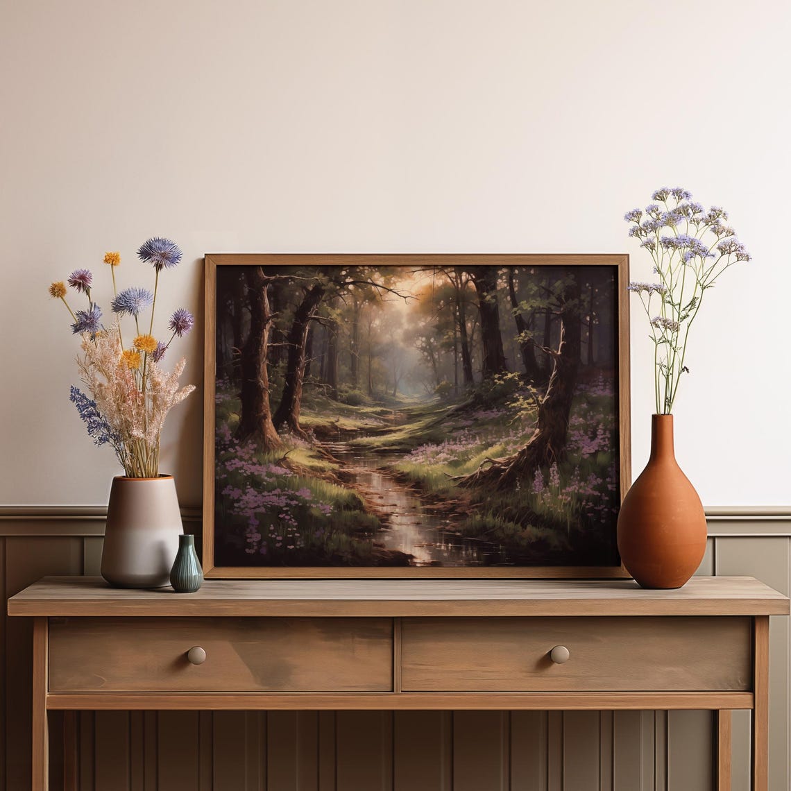 Misty Woodland Stream Quiet Forest Reflection Painting Poster - Image 3
