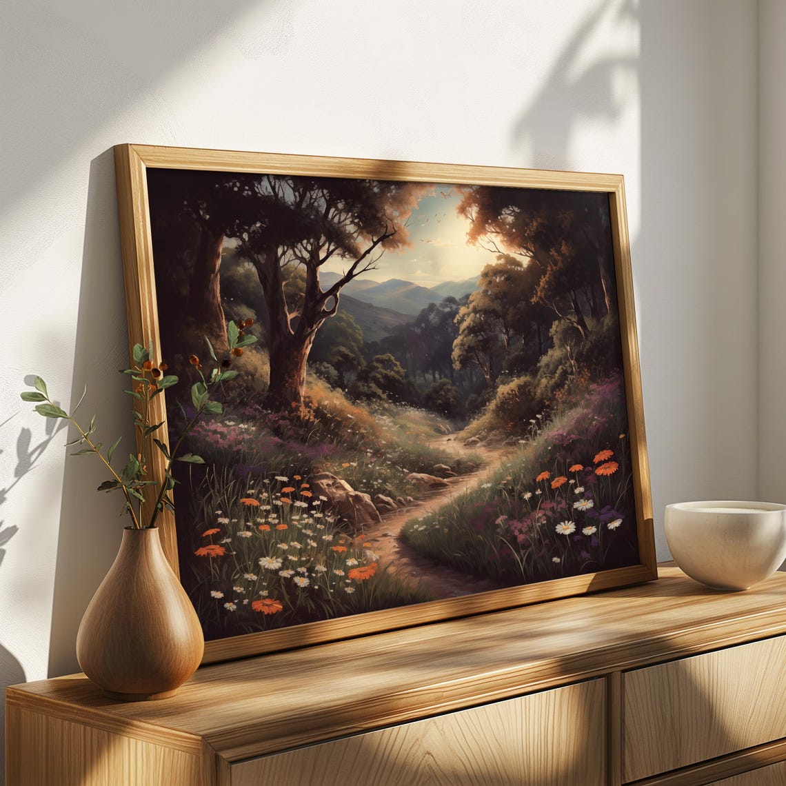 Twilight Forest Path With Daisies Under Dark Trees Vintage Wall Art - Image 4