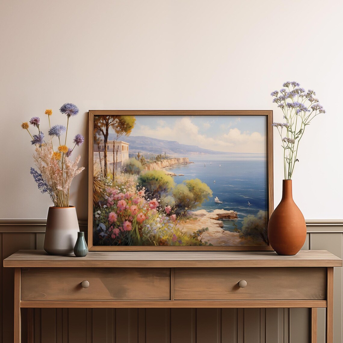 Cliffside Villa Turquoise Sea Painting Sailboats Pink Flowers Poster - Image 3