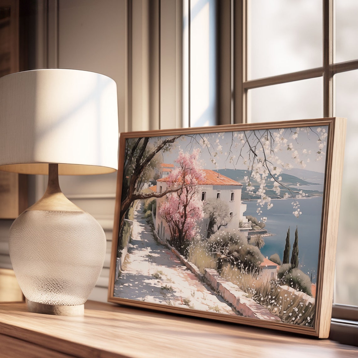Springtime Cherry Blossom Lane White Villa Overlooking Sea Poster - Image 3