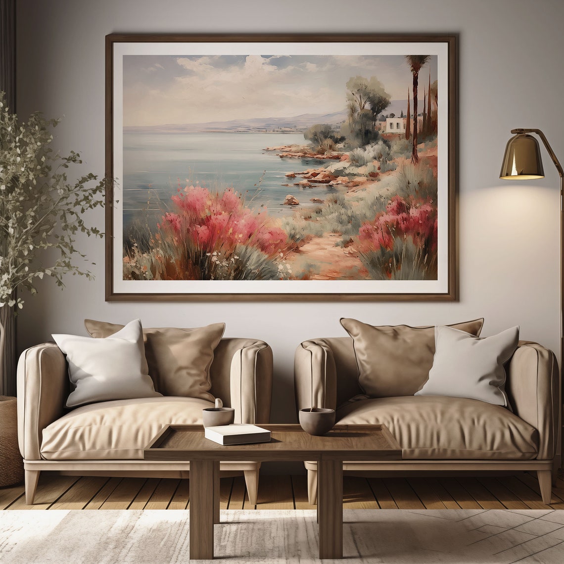 Tranquil Seaside Cove Pink Flowers Palm Rocky Shore Water Poster - Image 3