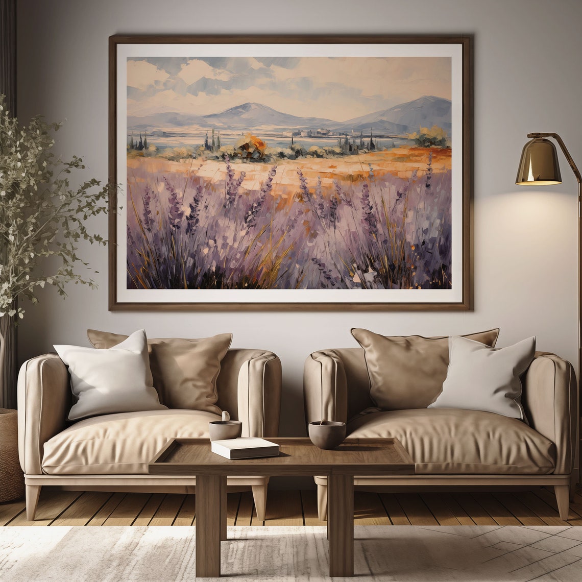 Purple Lavender Field Under A Golden Sky Mountain Countryside Poster - Image 2