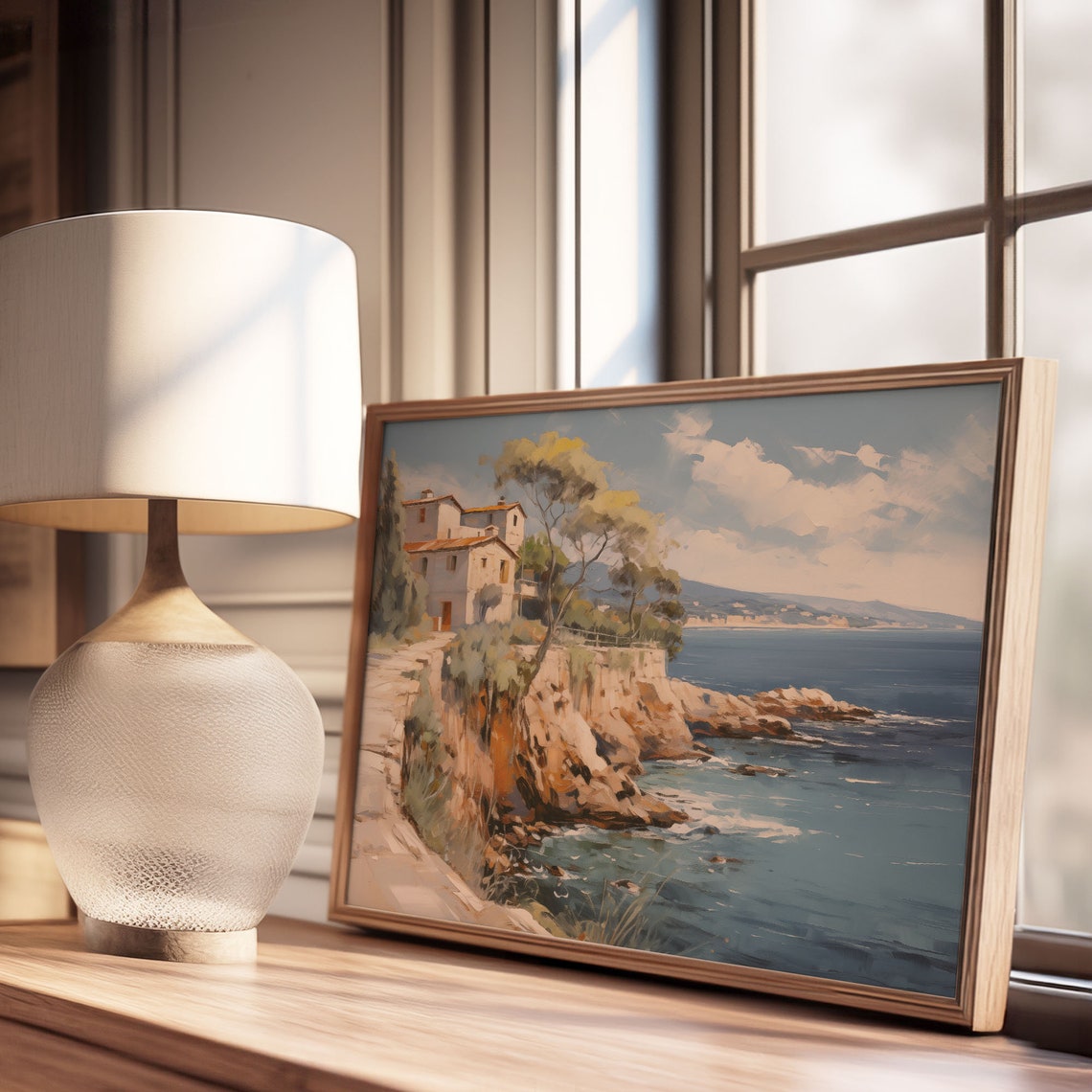 Cliffside Villa Above Rocky Shore with Waves Oil Painting Poster - Image 3