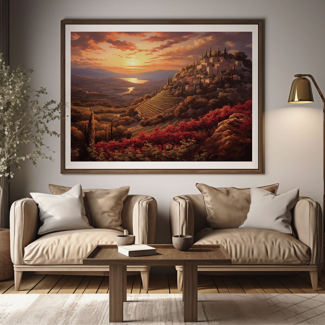 Sunset Hillside Village Terraced Vineyards Autumn Oil Painting Poster - Image 2