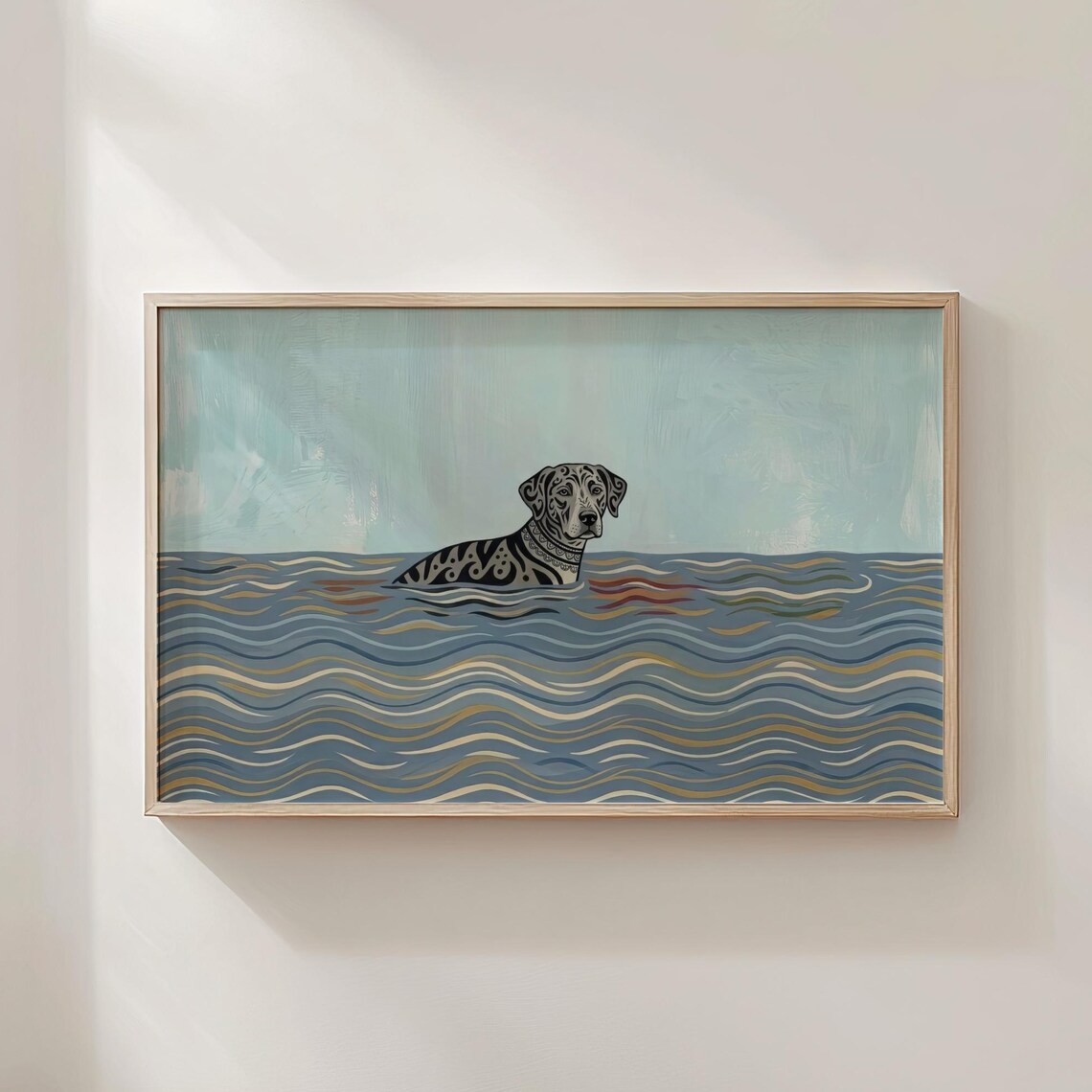 Dog Swimming In Ocean, Retro Summer Animal Painting