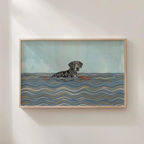 Dog Swimming In Ocean, Retro Summer Animal Painting